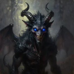 demonic dark smiling creature with blue eyes and horns full blacked made by ivan aivazovsky, peter mohrbacher, greg rutkowski volumetric light effect broad light oil painting painting fantasy art style sci - fi art style realism premium prints available artwork unreal engine