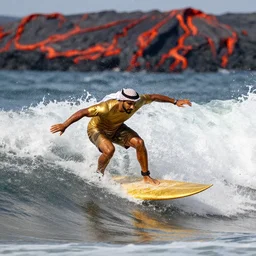 an arab prince surffing a wave of lava on a surfboard made of gold