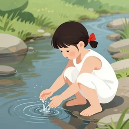 vector digital art, 7 years old rina playing with the water, wearing white cloths, and a red bow in her hair, sitting by the side of a creek, 8 k, detailed, tele photo lens, rule of thirds