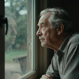 an old man staring at flies on a window, film still from a horror movie, 4k