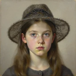 A portrait of a sincere-looking girl, oil on canvas, wearing a hat made by wires ,masterpiece, hi-fructose, artgerm , Norman rockwell, craig mullins, n, trending on pxiv, highly detailed face, clear eyes concept art, hdri, 4k-