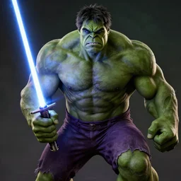 The Hulk as a jedi holding a lightsaber, dramatic lighting, epic hero illustration, ray tracing, Unreal Engine 4, extremely high level of detail.