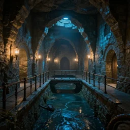 an ancient medieval dungeon interior tunnel with stone walls, gentle ambient lighting, bridges and railings, stagnant water, neon lighting, cyberpunk, bluestone, trending on artstation, fantasy
