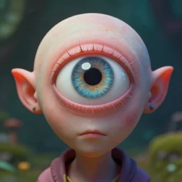 Portrait photo of an unbrushed cyclops without nose and with one giant eye, high quality photo, 85mm, focused, fantasy, colorful, digital art