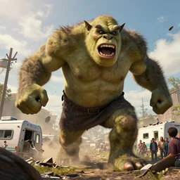 a huge violent angry ogre huge violent angry ogre huge violent angry ogre stomps through background smashed trailer homes, people looking on in astonishment