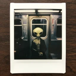 an aged polaroid photo of a small alien creature in a new york city subway, gloomy, grainy
