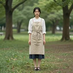 a beautiful full body portrait of a young woman wearing an apron standing in a park, kantoku, james gilleard, very detailed, matte, gaussian blur, tone mapped William-Adolphe