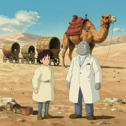 hyperrealist cartoon from howl's moving castle ( 2 0 0 4 ) of a grey scientist and a giant camel caravan in a desert, wide shot, hq depth of field.
