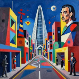 A surreal neon painting of Zaha hadid 3d kandinsky city street made of cubism futuristic picasso sculptures in 3 point perspective by Joan miro and Vladimir kush and dali and kandinsky, 3d, realistic shading, complimentary colors, vivid neon colors, aesthetically pleasing composition, masterpiece, 4k, 8k, ultra realistic, super realistic,