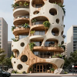 hyperrealstic photo of front view elevation of a futuristic timber building in an urban setting, the building has many balconies with hanging plants, parts of the building are covered with wooden facade that has huge holes, off white and beige color palette, rocks, zaha hadid, frank ghery, 8 k