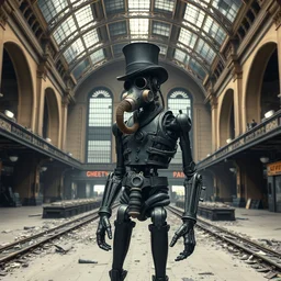 photographs of a creepy steampunk mechanical metal man with a hunched - back, ww 1 era gas mask, and wearing a top hat stands alone inside a bombed out, desolate grand central station, post apocalyptic