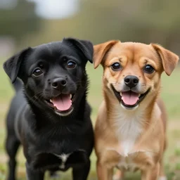 photo of two silly happy little dogs, one black and one brown, photorealistic, cute, highly detailed