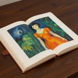 tonemapped still life open leather - bound book on table by seb mckinnon, yoshitaka amano, fauvism