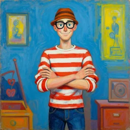 Where's Waldo, in the style of a Dana Schutz painting