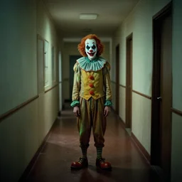 clown, man standing in a hallway, 1 9 7 0 s architecture, surreal photography, soft lighting, creepy, horror, macabre, bioluminescence, photography by beksinski