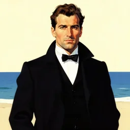 portrait of confident nobleman by the sea, handsome! coherent! by mariusz lewandowski, by frank frazetta, vibrant color, strong line, minimalism, high contrast