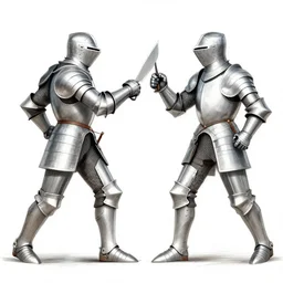 sketch of two knights in full armour having a duel, one has a long sword but small shield, the other has a dagger but big shield, professional, detailed