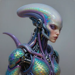 ultra realist intricate detailed painting of a single attractive alien male, neon scales and cyborg tech, hyperrealistic, soft lighting, octane render