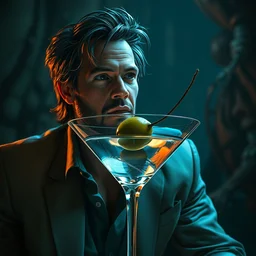 brad pitt inside an olive in a martini glass, hyper detailed, digital art, artstation, cinematic lighting, studio quality, smooth render, by peter mohrbacher, hajime sorayama, wayne barlowe, boris vallejo, aaron horkey, gaston bussiere, craig mullins