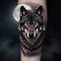black wolf with yellow eyes in the sky, portrait, dark night with a fullmoon behind the wolf, dramatic black smoke everywhere, amazing detail, realism tattoo, in andrey lukovnikov style
