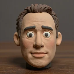 25 years old michael keaton!!! extremely realistic!!! smooth specular clay! extremely close smooth specular sculpted headshot of michael keaton clay puppet , soft light dull mood, low saturation, on wooden table. style: claymation puppet kids clay ,by will vinton ,by guldies
