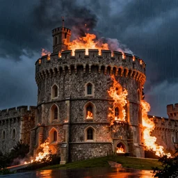 windsor castle on fire, artstation, jakub rozalski, high detail, dramatic lighting, night, rain