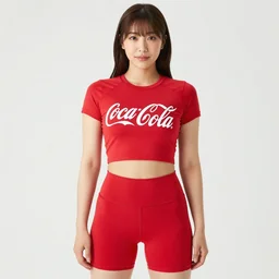suzu Hirose wearing crop red Coca Cola gym top with white Lettering, cropped red yoga short, photograph