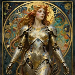 realistic detailed portrait of a humanoid mecha cyberpunk! goddess by Alphonse Mucha and Charlie Bowater and art germ, rule of thirds, golden ratio, Art Nouveau! cyberpunk! style, mechanical accents!, mecha plate armor,  realistic human arms, flowing wires with leaves, art nouveau accents, art nouveau patterns and geometry, rich deep moody colors