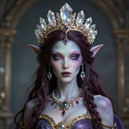 realistic rococo style alien witch goddess queen with crystal gems crown sharp focus 8 k