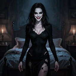 gorgeous alyson hannigan, evil dead movie, full body shot, torn black dress, evil smile, spooky, illustration, symmetrical face realistic symmetrical eyes, bedroom setting, cinematic lighting, evil dead, undead demon, artgerm, hyperdetailed, phil noto, charlie bowater