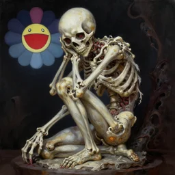 A very detailed aesthetic horror painting titled 'The Thinker' description 'Statue made out of flesh and bones' by Takashi Murakami and Wayne Barlowe, Trending on cgsociety artstation, establishing shot, 8k, masterpiece, highly detailed.