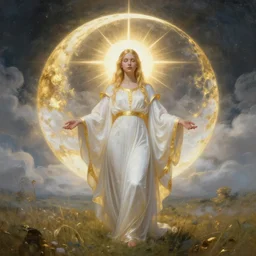 solar priestess portrait, artgerm, lunar meadow, radiant halo of light, gilding, white gold liquid clouds, peter mohrbacher, photorealism