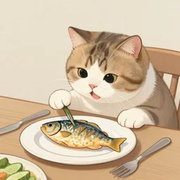 a cute painting of a cat grabbing a cooked fish off of a plate on a dinner table