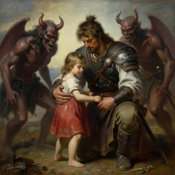 painting of, a warrior dad protecting his little daughter, from the demons of life, highly detailed, by 3 j. g. quintel