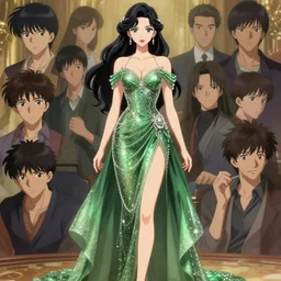 anime woman fullbody art, wearing a green pearly dress, digital art, character concept, head fully visible, attractive, illustrious clothes, High Details, Cinematic, WLOP, Rossdraws, James Jean, Andrei Riabovitchev, Marc Simonetti, Yoshitaka Amano, Thomas Kinkade, Makoto Shinkai, ArtStation, CGSociety, trending on artstation