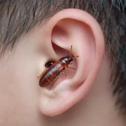 a close - up of an ear with an earwig living inside realistic 3 5 mm cinematic