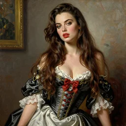 emily ratajkowski with long hair dressed in pin up style, ultra detailed, beautiful, decolte, by greg hildebrandt fancy rococo baroque oil painting high quality clothed in fancy garb in pin up style