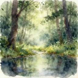 watercolor painting of summer day in forest, reflective, fog and mysterious, ambient lighting, art by wlop