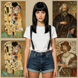 a woman with black hair and long pixie haircut in shorts with suspenders and white t-shirt drawn by paolo eleuteri serpieri, norman rockwell, hajime sorayama, peter paul rubens, alphonse mucha, gustav klimt 4k, unreal 5, DAZ, french noveau, trending on artstation, octane render, hyperrealistic