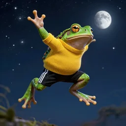 an green! athletic toad jumps to the sky to become one with the stars, wearing yellow sweater and black sport shorts, cosmos, moon, by mucha and caspar david friedrich, atmospheric lighting, intricate detail, cgsociety, hyperrealistic, octane render, rpg portrait, ambient light, dynamic lighting