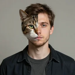 a realistic portrait of a man whos half cat, artstation artist