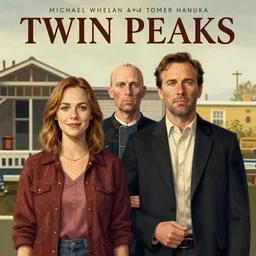 Twin Peaks poster artwork by Michael Whelan and Tomer Hanuka, Karol Bak of Naomi Watts & Jon Hamm husband & wife portrait, in the pose of American Gothic, from scene from Twin Peaks, clean, simple illustration, nostalgic, domestic, full of details