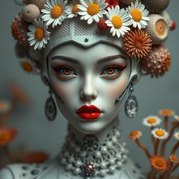 beautiful porcelain ivory woman elegant red plump lips round hazel eyes biomechanical cyborg, elegant haute couture, iris van herpin, laser cut foliage mesh, headdress with daisies, colorful puffballs, steampunk mushrooms, rhizomorphs, brackets, fractal sponge corals, hyper detailed, ultra sharp, soft light, giger, 8 k, uhd