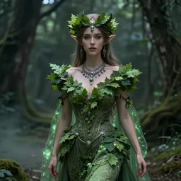 heavenly beautiful elven queen with a leaf crown, hints of silver jewelry, overgrown, full body, forest background, elegant, intricate detail, dramatic lighting, mist, green aura, 8k