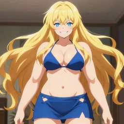 a very beautiful young anime giantess, full body, long wavy blond hair, sky blue eyes, full round face, evil grin, bikini, miniskirt, front view, mid - shot, highly detailed, cinematic wallpaper by stanley artgerm lau