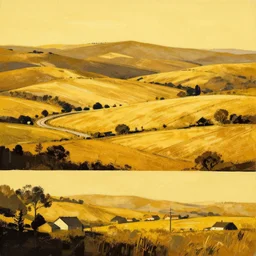 bold, brash stencil, nail art by gaston bussiere. this collage of the beauty of the countryside in all its simplicity. the rolling hills & fields are bathed in a warm, golden light, & the peaceful scene is punctuated by a few small houses & a winding road. the brushwork is loose & expressive, & the overall effect is one of serenity & calm.