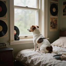 photography of a jack russel. watching outside the window. on a bed. in a vintage room full of vinyls and posters., volumetric light, photorealistic,, award winning photo, 1 0 0 mm, sharp, high res