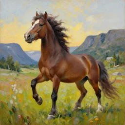a painting of a crazy horse during a heatwave in norway countryside, oil on canvas, by constantin hansen