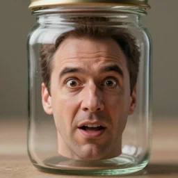 a tiny realistic nic cage making crazy face inside a glass jar only. sharp focus, photography, unreal engine, trending on artstation, photorealistic, octane, trending on deviantart, unreal engine