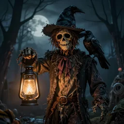 portrait of a haunted scarecrow, crow on shoulder, holding a lantern, halloween night, charlie bowater, artgerm, ilya kuvshinov, krenz cushart, ruan jia, realism, ultra detailed, 8 k resolution